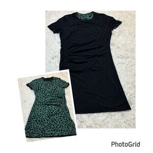 CAbi Quest Reversible Green Leopard/Solid Black Dress